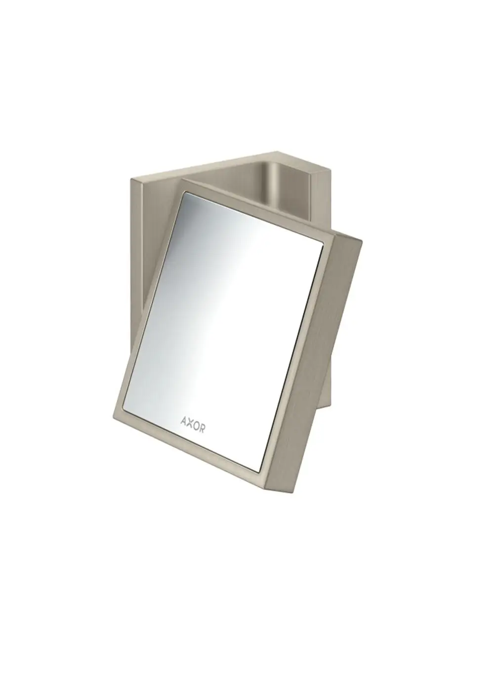 Rasierspiegel in brushed Nickel mit quadratischem Design. An der Wand montiert, mit der Marke AXOR auf der Vorderseite.